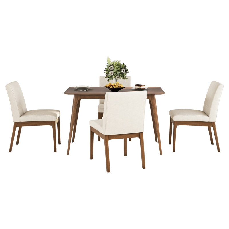 Ensemble de salle à manger Mid-Century 5 pièces, table en bois et chaises en tissu beige