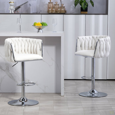 360° Fabric Cover Swivel Bar Stools Set Of 2, Adjustable Counter Height Bar Chairs With Woven Back & Footrest Chromed  Bar Stools For Kitchen Island, Cafe, Pub
