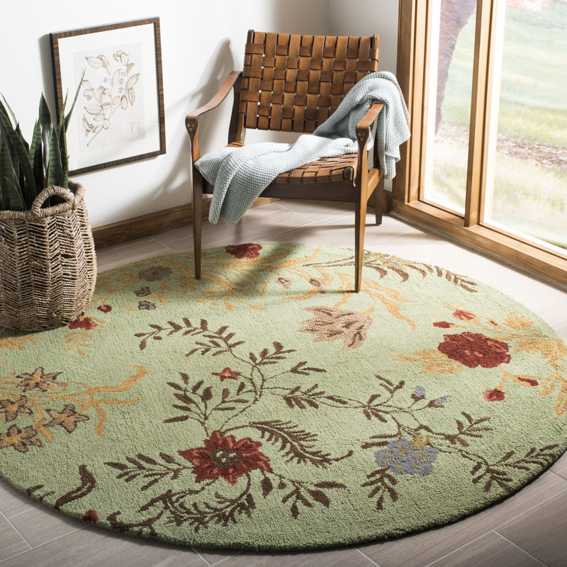 Tapis vert en laine / coton / latex crocheté à la main Emrick, Rond 6 pi