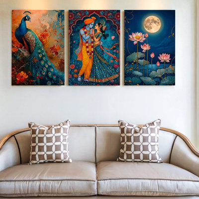 3 pièces majestueuses paon et couple romantique avec fleurs de lotus, trois pièces d'art mural pour le salon, la chambre à coucher et le bureau