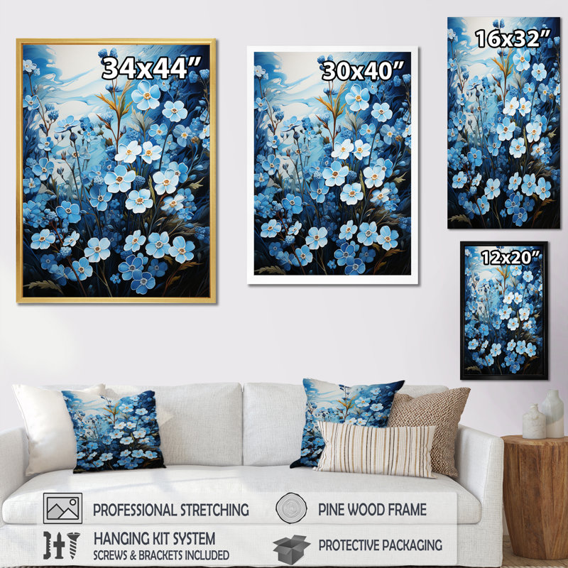 Meadow of Forgetmenots Flowers II - Décoration murale florale et botanique, H 44 po x l 34 po x P 1,5 po, Cadre flottant doré