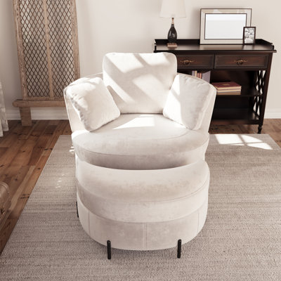 Slipcovered Upholstered Swivel Barrel Chair With Ottoman