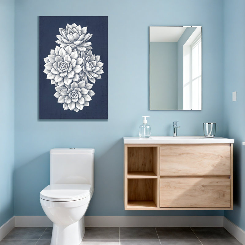 Arrangement floral de plantes et fleurs sur fond bleu marine, H 48 po x l 32 po