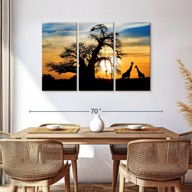 Coucher de soleil africain girafes, H 36 po x l 57 po