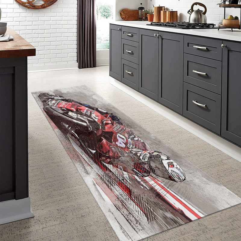 Non-Woven Thin Type Floral Printed Rug with Intricate Red and Blue Botanical Design for Indoor Home Decor, Runner 3'3" x 9'2"