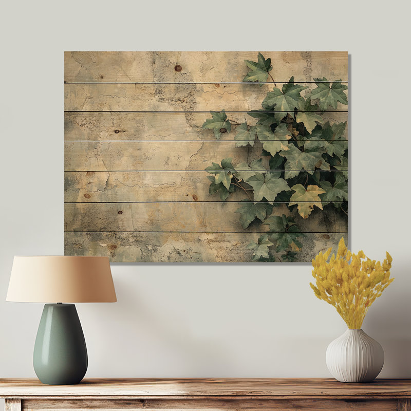 Collage de feuilles de lierre sur un mur I - Art mural en bois de feuilles - sur bois de pin naturel, H 34 po x l 44 po