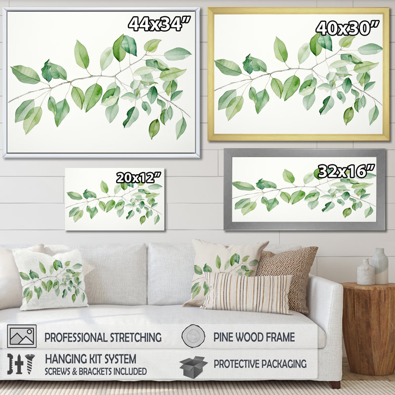 Feuilles vertes, paysage minimaliste sur toile, H 12 po x l 20 po x P 1 po, Cadre flottant doré