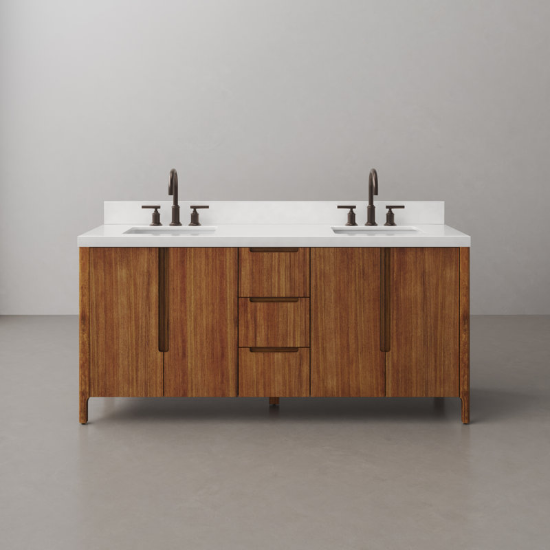 Sequoia 72 In. Double Sink Whitebrook Quartz Countertop Bath Vanity in Mango Wood With Gold Faucet, Mango Wood