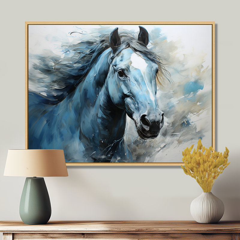 «Blue Horse Vibrant Blue Equine I», art mural grand cheval, H 24 po x l 32 po x P 1 po, Cadre flottant érable