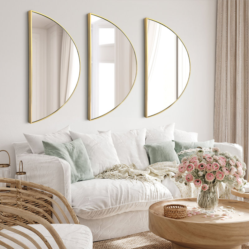 Miroir mural demi-cercle plat en métal (ensemble de 3), 40 po x 20 po, Noir