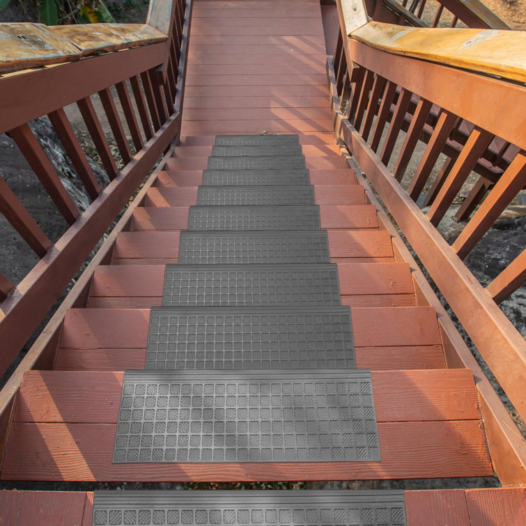 Outdoor Rubberback Black Checkers 10 in. x 25.5 in. Stair Tread Covers (Set of 5)