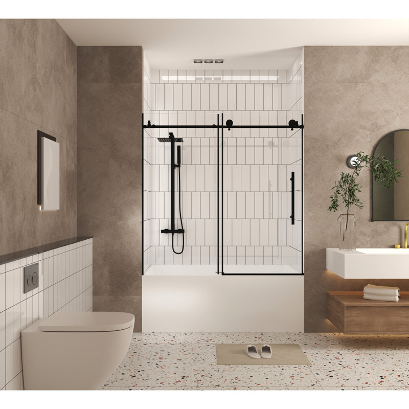 Shower Door, 56 - 60" W X H, 1/4"  6 Mm  Clear Tempered Glass, Proof Film, Smooth Sailing Sliding, Stainless Steel Handle, Matte Black, Conscious For Bathroom Gliding, First