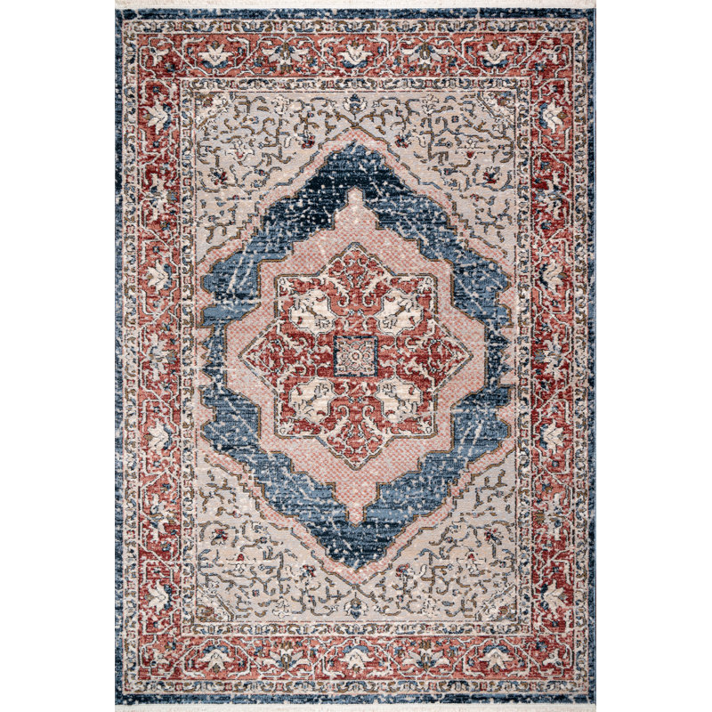 Tapis oriental en polypropylène / jute tissé à la machine Georgete - rouge / bleu / beige, Rectangle 6 pi 7 po x 9 pi 6 po
