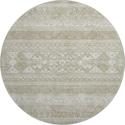 8' Khaki And Ivory Southwestern Washable Round Rug With UV Protection
