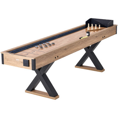 Shuffleboard Table, 9 ft Shuffleboard for Family Game Rooms, 2 in 1 Shuffleboard and Bowling Combo Game Set, 8 Pucks, Legs, Bowling Set, Wax, and Table Brush, Featuring Scratch-Resistant Playfield