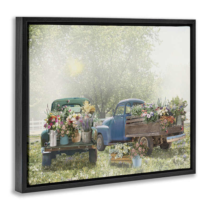 Camions rustiques avec fleurs de campagne, Cadre flottant noir de jais, H 17 po x l 21 po
