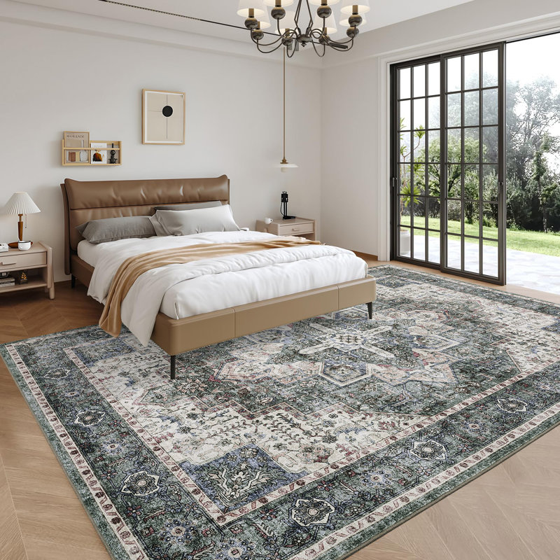 Machine Washable Vintage Rug Non Slip Rug Retro Floor Cover Foldable Carpet for Living Room Bedroom Playroom Dorm Home Office