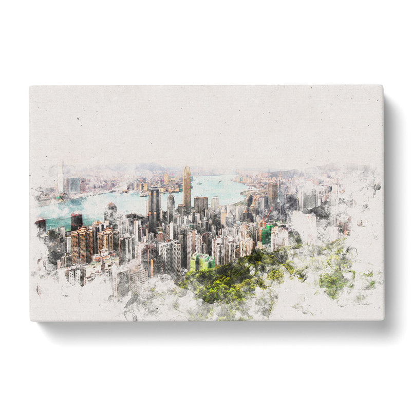 Hong Kong Skyline Watercolour - Wrapped Canvas Print, 60cm H x 91cm W x 3cm D