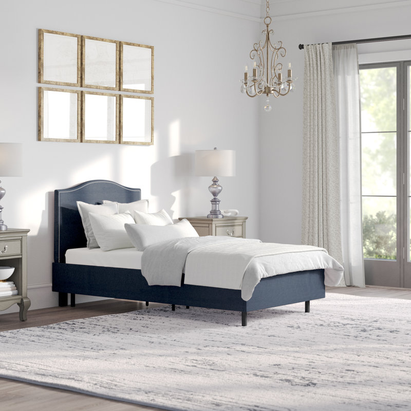 Lit plateforme tapissier Myers, Simple, Lin bleu marine classique