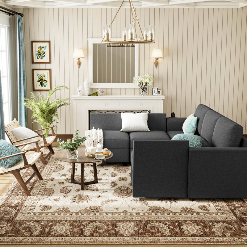 Canapé modulaire convertible à 6 places avec rangement, mousse à mémoire de forme, lin gris pour siège décontracté, coussin de mousse, salon