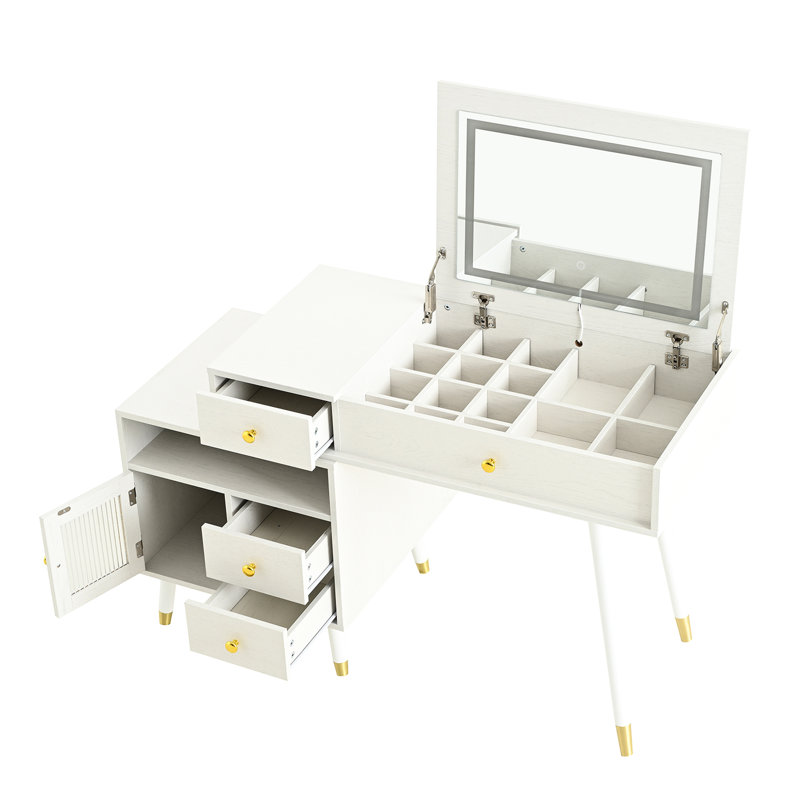 Coiffeuse White 31 avec miroir pliable caché, rangement réglable et table de chevet coulissante