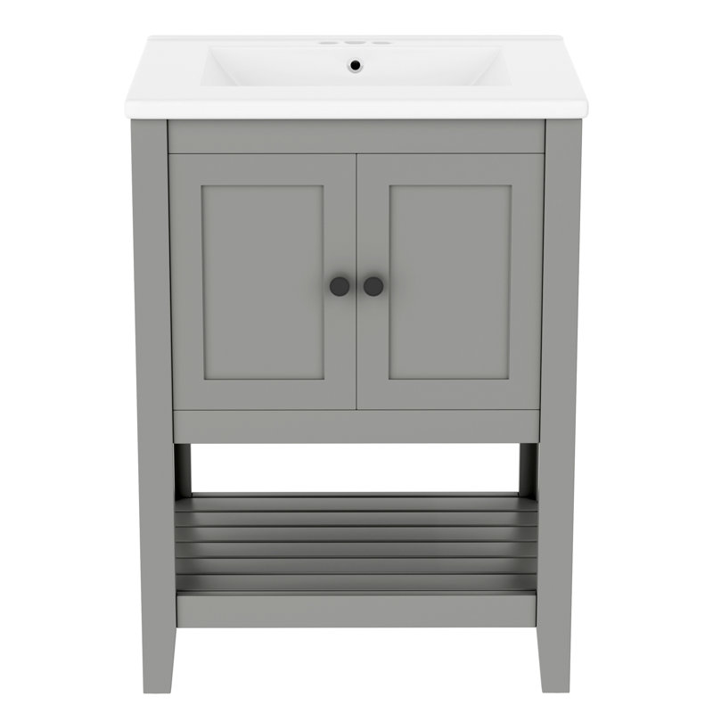 Lavabo de salle de bain élégant et moderne en céramique 24 po avec tablette ouverte, Gris