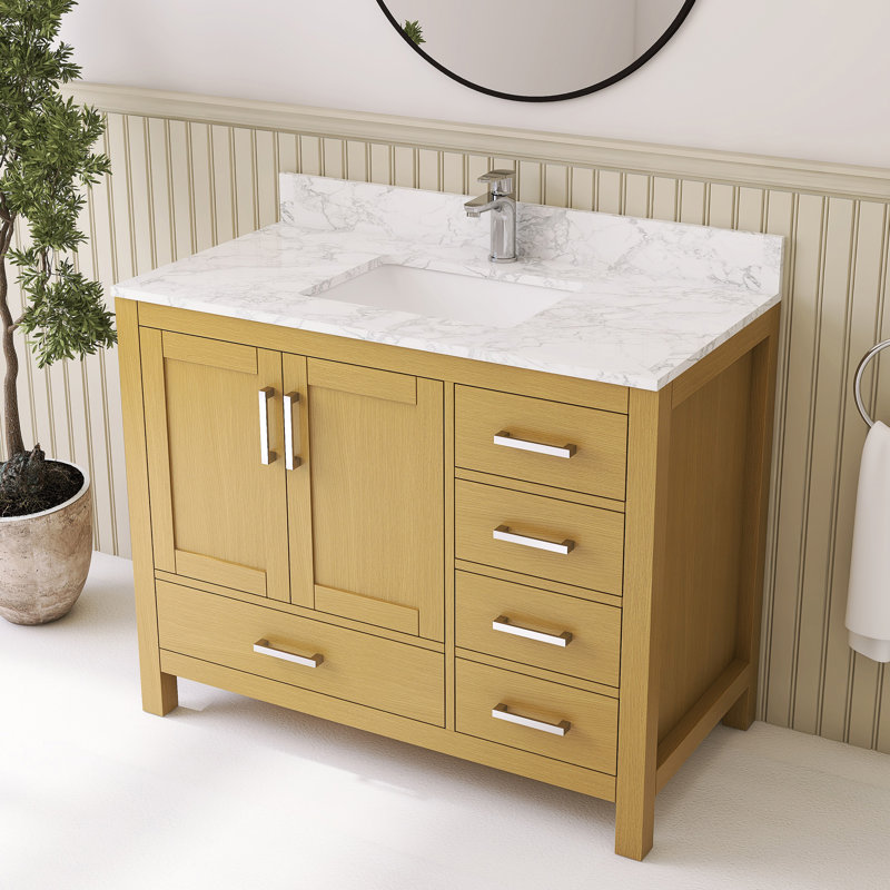 Meuble-lavabo sur pied à simple cuve 42 po avec comptoir en granit blanc