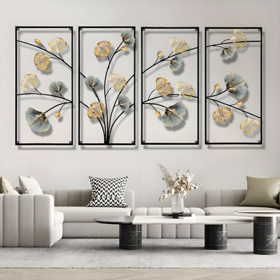 Ensemble de 4 pièces d'art mural en cuir et feuille de ginkgo, décor moderne peint à la main pour le vestibule et le salon