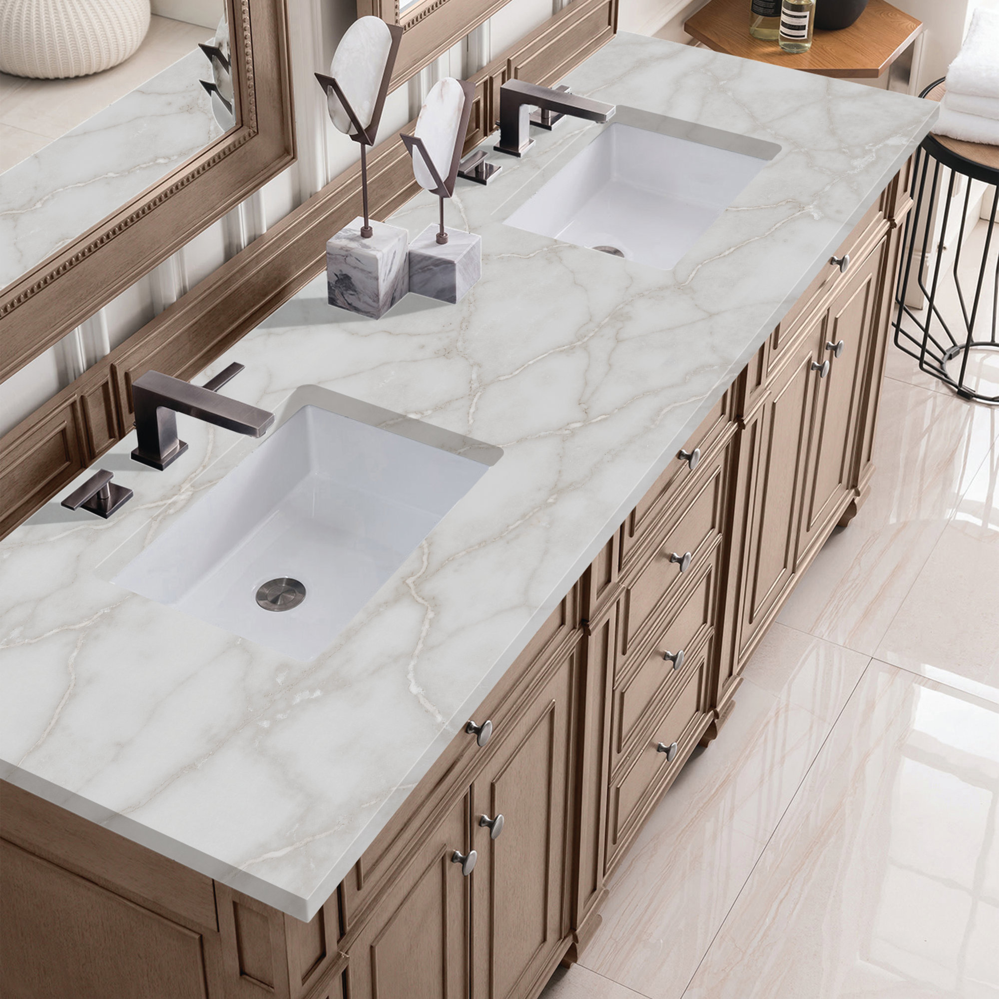 Bristol 72'' W Double Vanity, Whitewashed Walnut, Victorian Silver, 8" Widespread