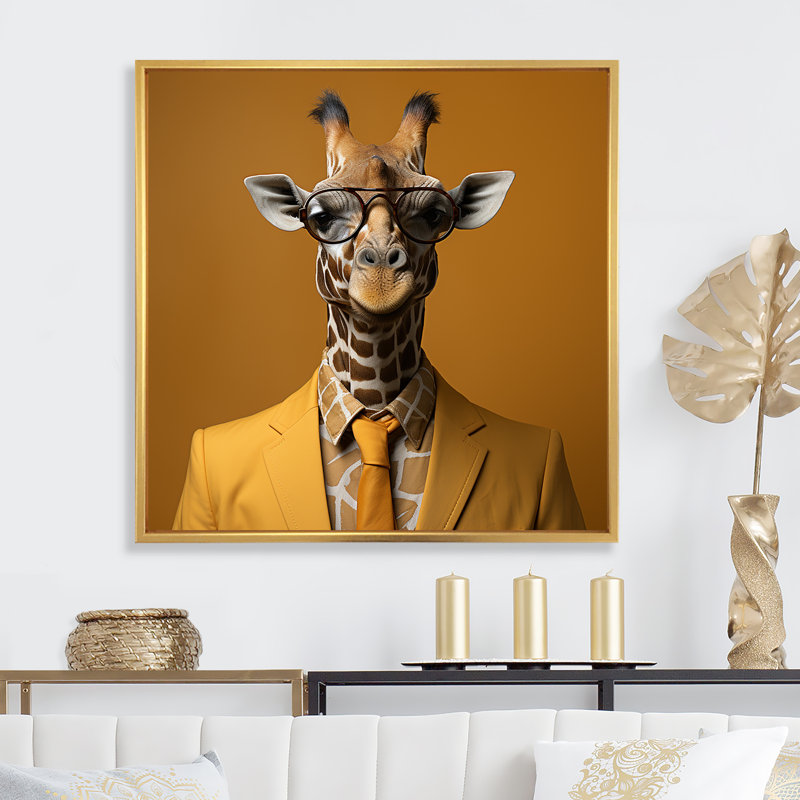 Jaune avec girafe III - art mural girafe, Cadre flottant doré, H 16 po x l 16 po x P 1 po