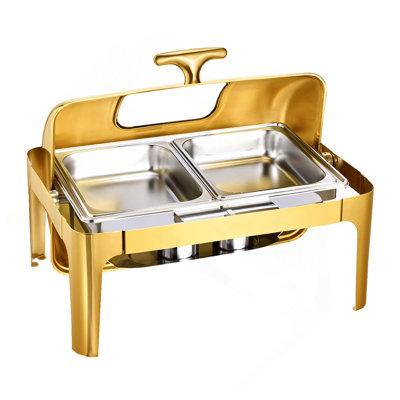 9Qt Rectangle Roll Top Chafing Dish Set With Full-Size Pan Stainless Steel Gold