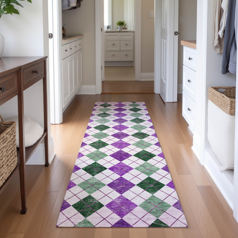 Premium Machine Washable Mayfield AMF2237 Geometric Rug, 2'3" x 7'6" Runner, Purple
