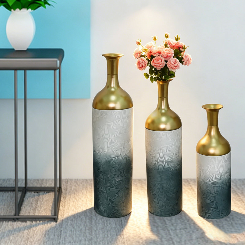 Vases de plancher décoratifs en métal et miroirs 3 pièces Glam, Gris antique; blanc