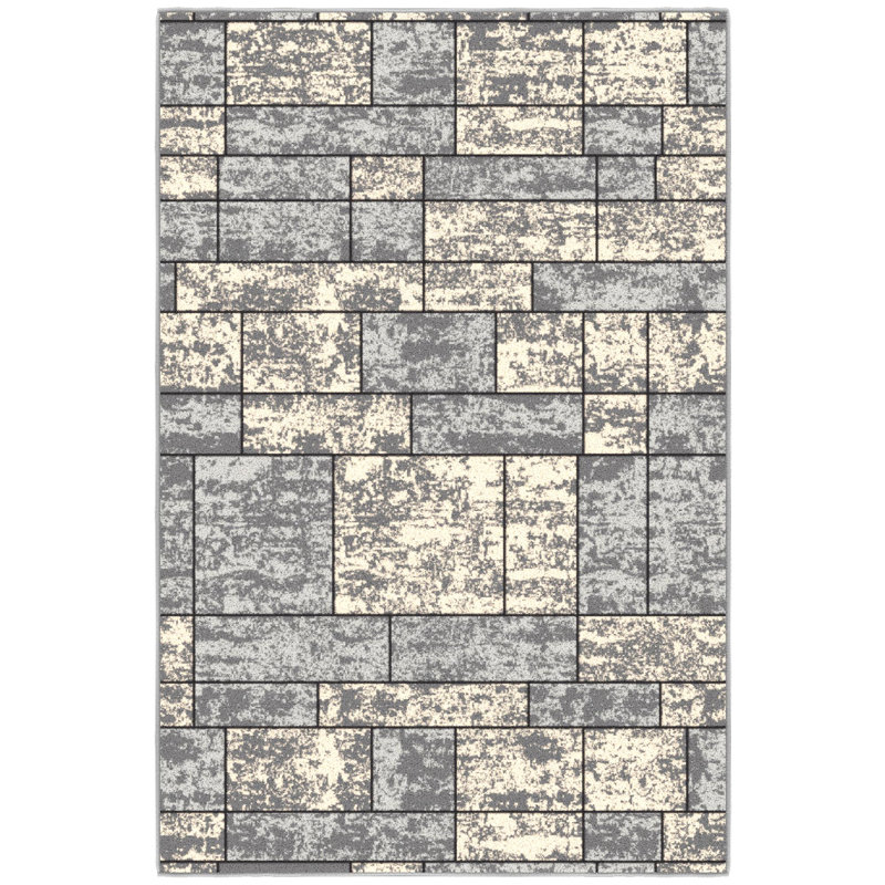 Ottohome Non-Slip Boxes Area Rug For Living Room, Hallway, Gray, Rectangle 3'3" x 5'