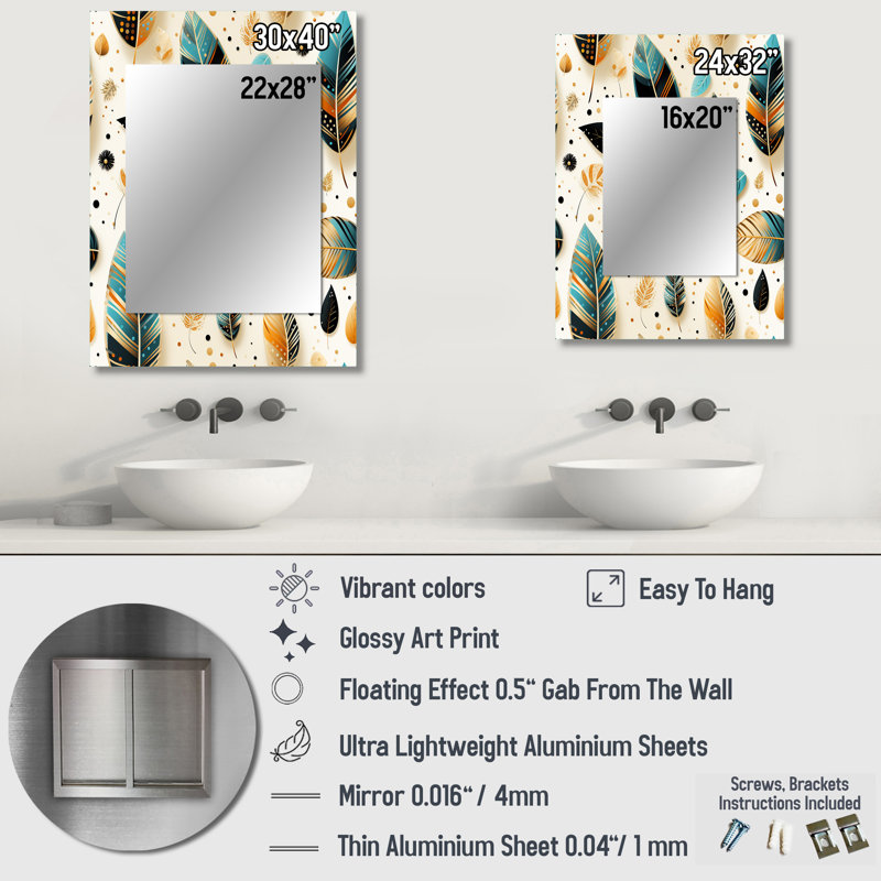 Motif de charmes de plumes Boho Chic - Motho, grand miroir mural, miroir décoratif boho, 40 po x 30 po