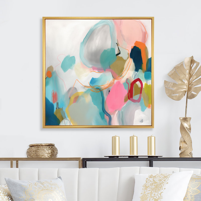 «Pink Blue Minimalims Fludity II», art minimaliste abstrait sur toile, H 24 po x l 24 po x P 1 po, Cadre flottant doré