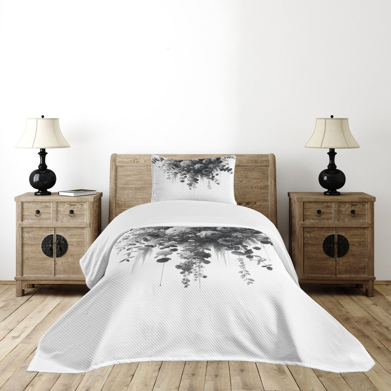 Ambesonne Black and White Bedspread Set Eucalyptus Branches Dark Grey White, Twin Bedspread + 1 Standard Sham