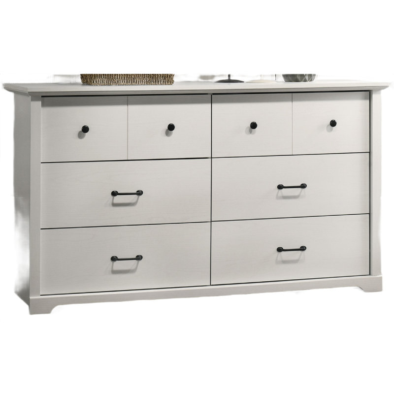 Lara Wide Dresser, 6 Drawer With Black Handles, White Lamination, White