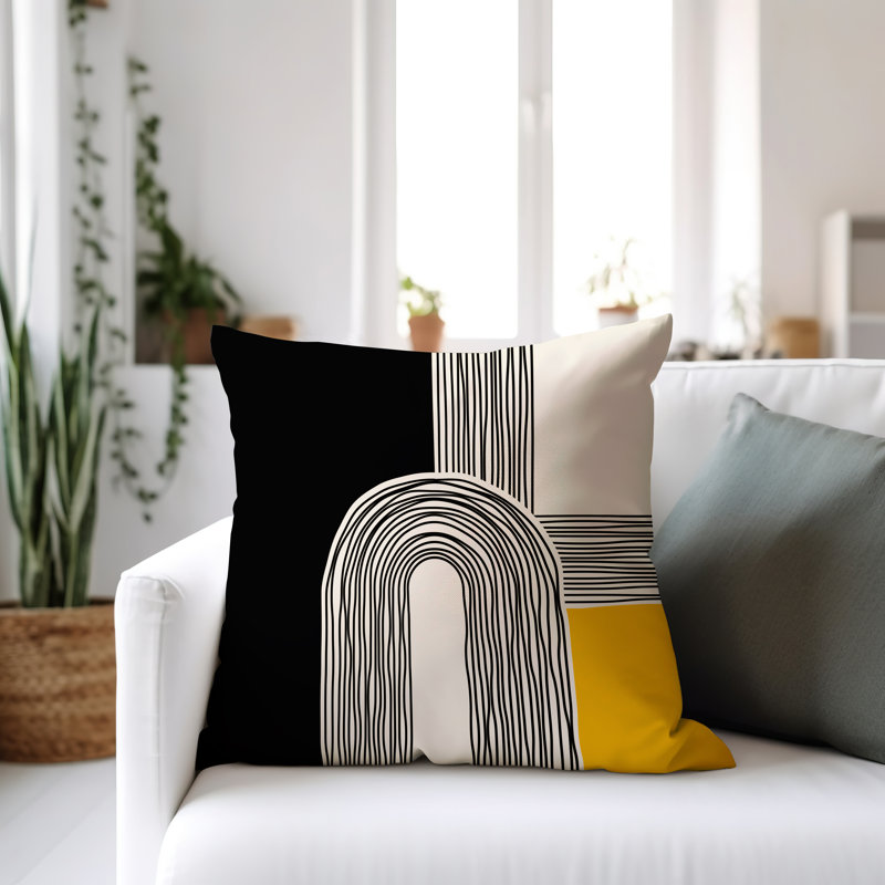 Coussin décoratif réversible intérieur / extérieur Cassie, H 15 po x l 15 po, Jaune / crème / noir