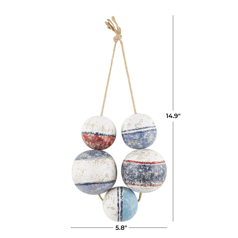 Wood Handmade Distressed 5 Strung Buoy Blue Wall Decor with Red and White Accents and Hanging Rope