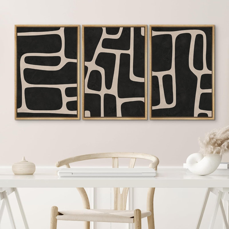 «Mid Mid Century Shape Black Abstract Geometric Neutral», reproduction d'art encadrée, Naturel, H 36 po x l 72 po