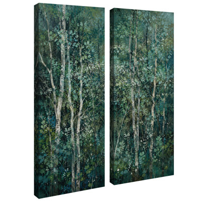 Décoration forestière avec bouleaux vert turquoise et fleurs blanches – Ensemble de 2 impressions sur toile encadrées 81 x 30 x 5 cm