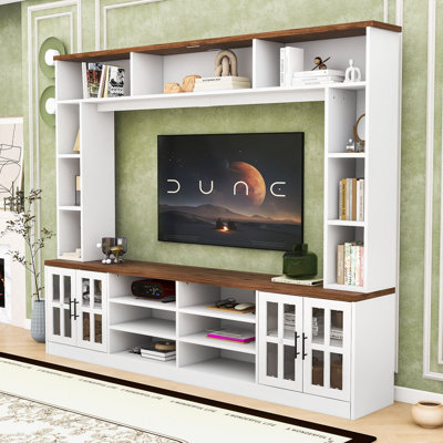 Wall Unit Entertainment Center with Bookcases and Glass Door Cabinets for Televisions up to 80 Inches