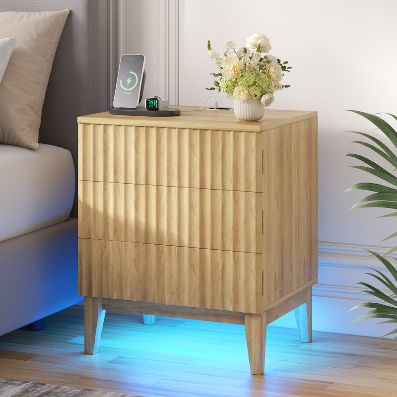19.7'' W Nightstand With 3-Drawer, Charging Station And Human Sensor Light, Natural
