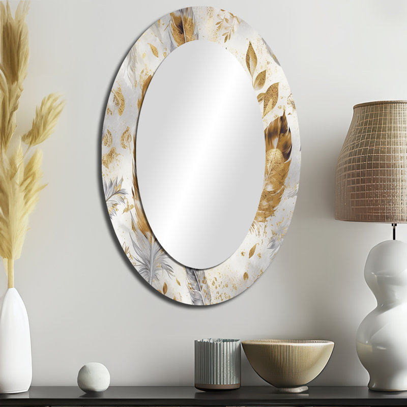 Parminder Gold and Silver Impressions of Bohemian Energy - miroir mural décoratif en plumes de Boho, grand miroir traditionnel, art imprimé en métal