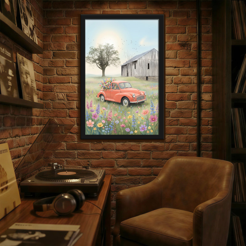 Plantes et fleurs, voiture rétro dans un champ de fleurs avec grange, H 30 po x l 20 po