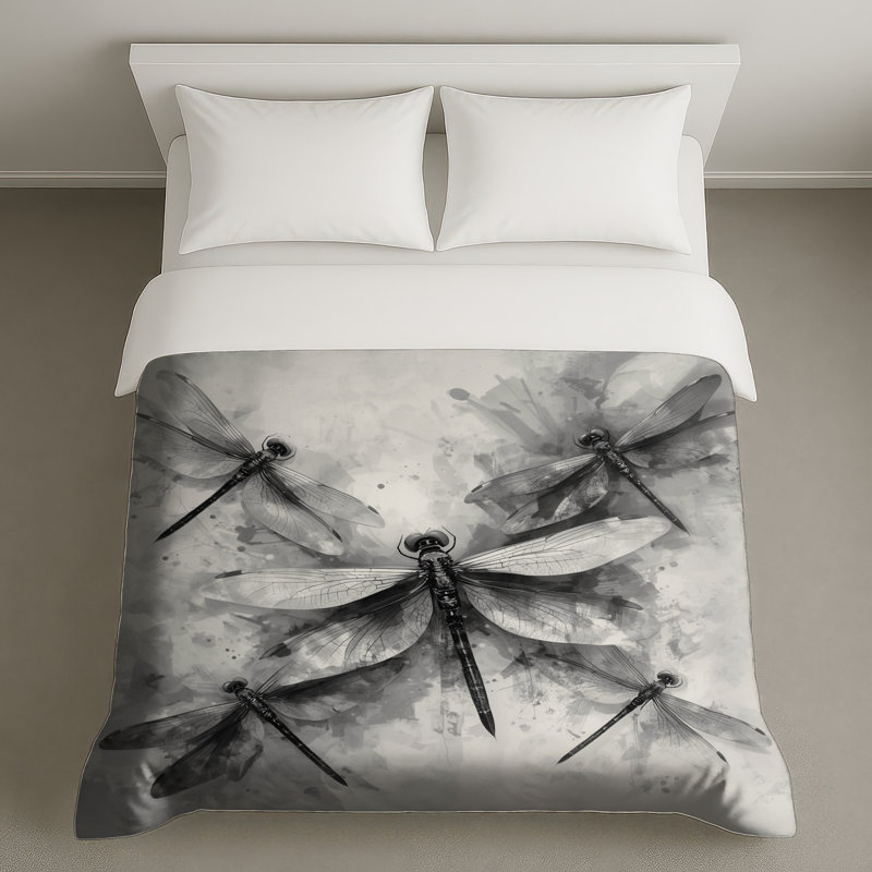 Housses de couette noir et blanc avec libellules, Très grand lit