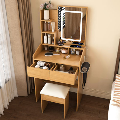 Vanity Table With 3-Level Adjustable Led Lighting, Power Outlet, And Hairdryer Holder - Space For Bedroom, Smart Storage Modern Mirror, Socket, Stool Compact Design Small Bedrooms, 2 Drawers Open
