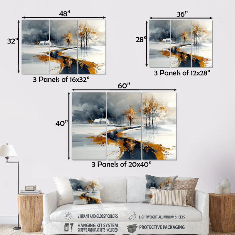 Or et blanc route givrée en hiver II - ensemble d'art mural paysage d'hiver, Métal métal, H 28 po x l 36 po x P 1 po