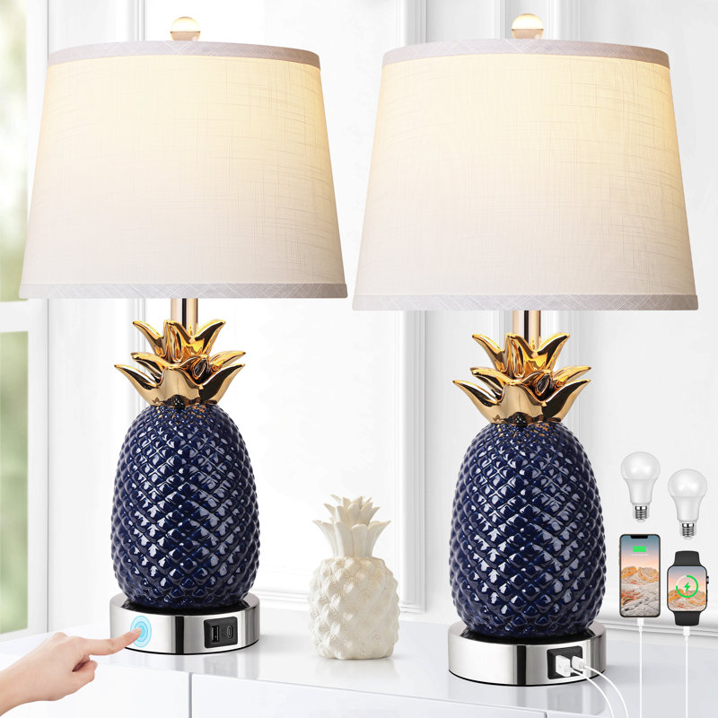 Ensemble de 2 lampes de table 22 "en forme d'ananas, 2 lampes de table en céramique à intensité variable 3 voies pour le salon, lampe de table moderne bleu marine avec port USB, grandes lampes de table côtières pour la chambre à coucher, le bureau personnel et les ampoules incluses